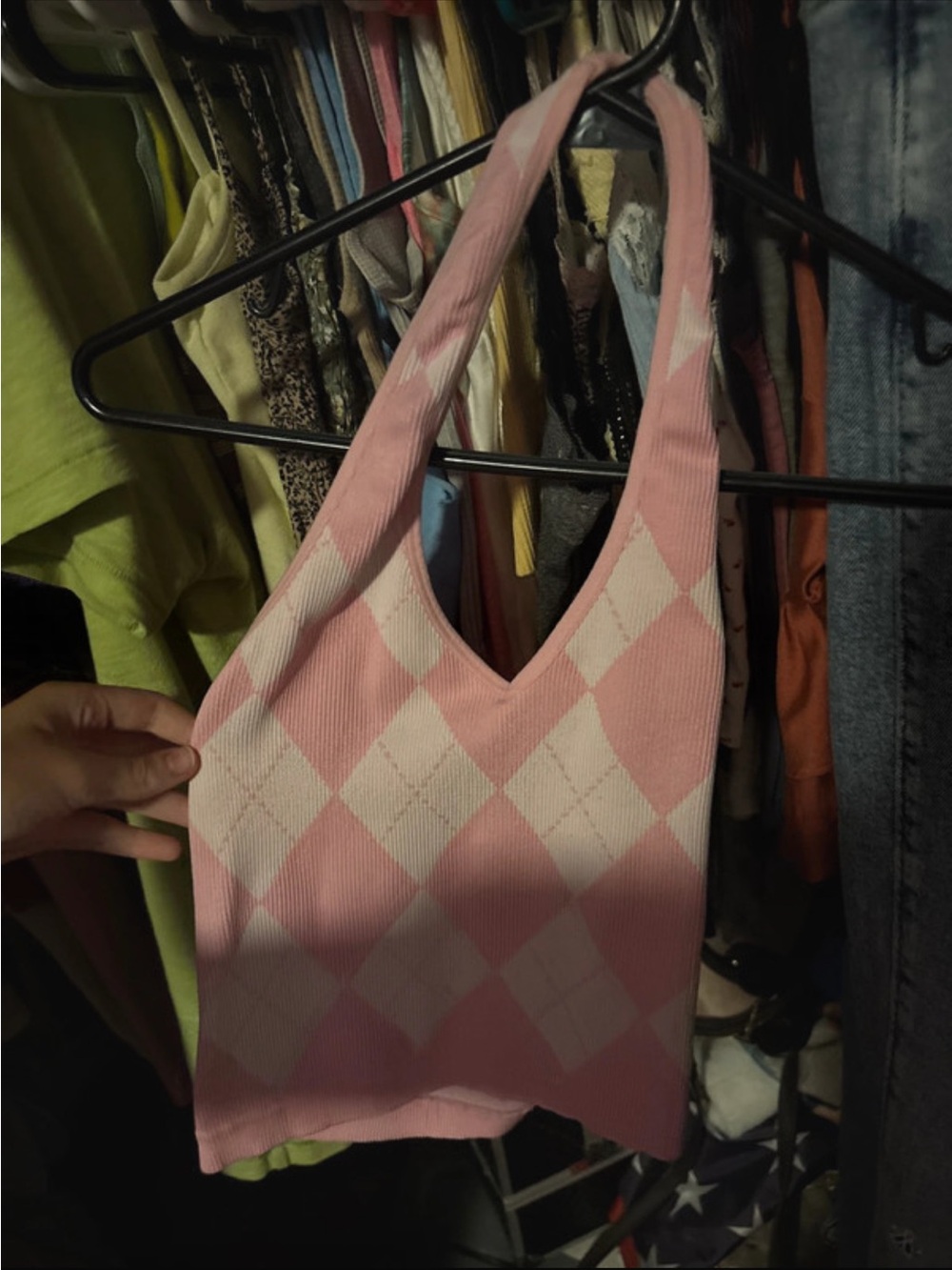 Pink Argyle V-Neck Halter Tank Top